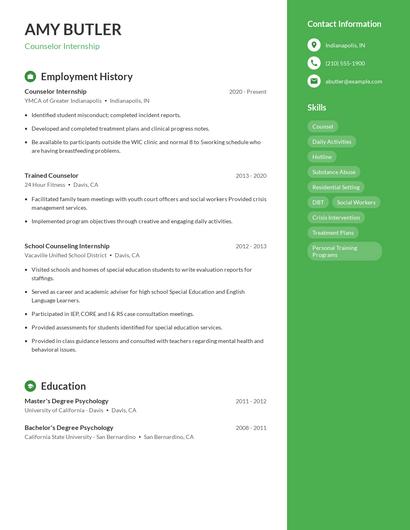 Counselor Internship Resume