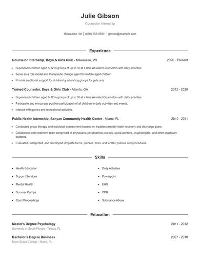 Counselor Internship Resume