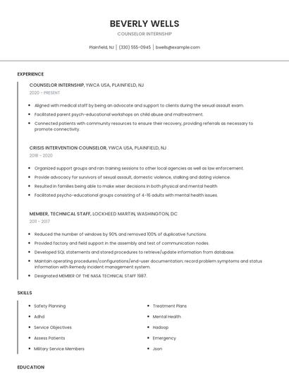 Counselor Internship Resume