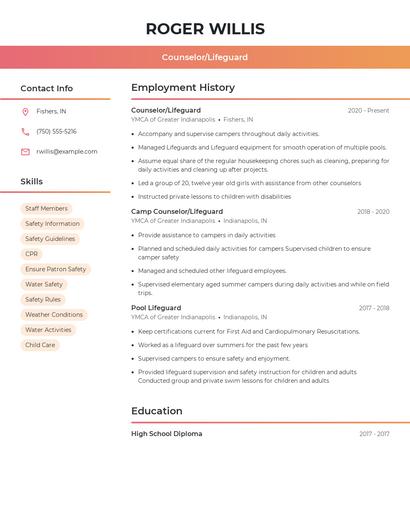 Counselor/Lifeguard Resume