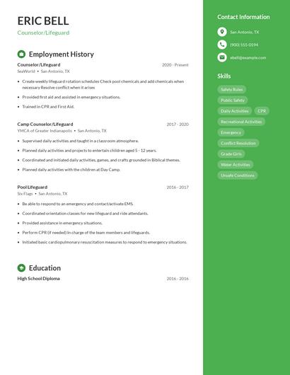 Counselor/Lifeguard Resume