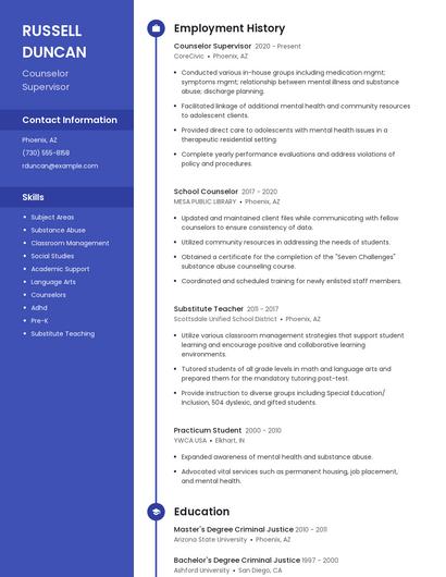 Counselor Supervisor Resume