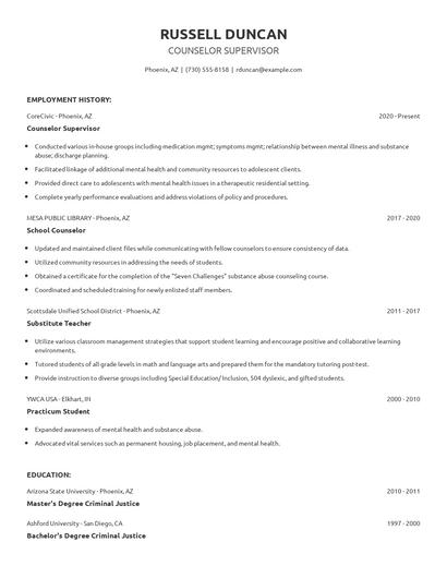 Counselor Supervisor Resume