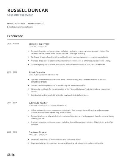 Counselor Supervisor Resume