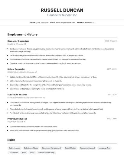Counselor Supervisor Resume