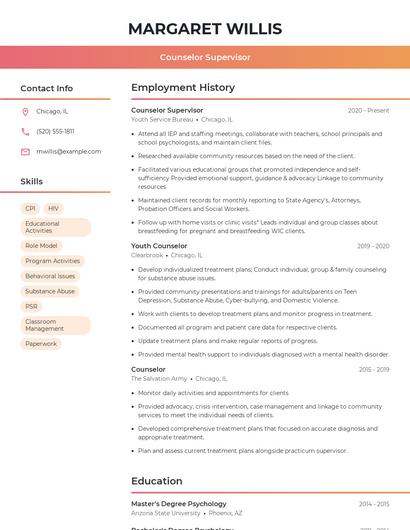 Counselor Supervisor Resume