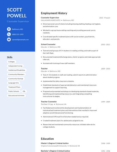 Counselor Supervisor Resume