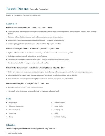 Counselor Supervisor Resume