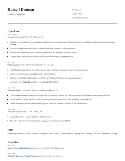 Counselor Supervisor Resume
