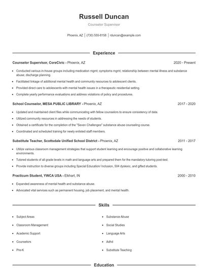 Counselor Supervisor Resume