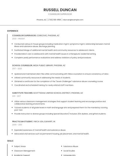Counselor Supervisor Resume