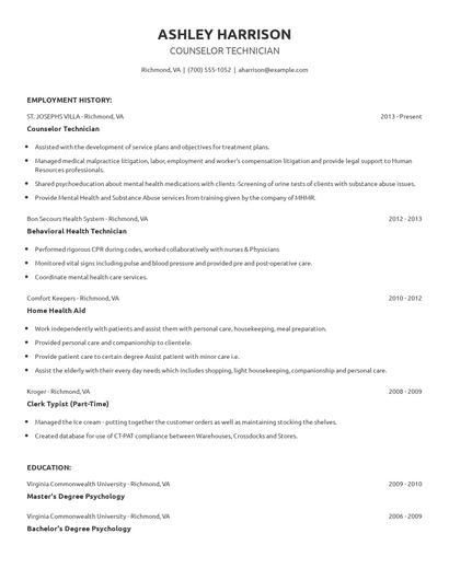 Counselor Technician Resume
