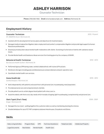 Counselor Technician Resume