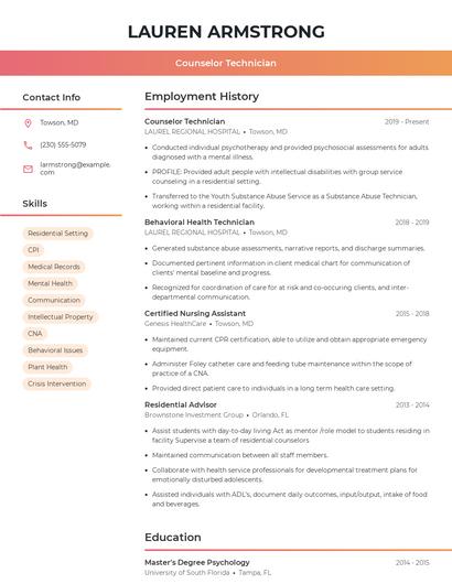 Counselor Technician Resume