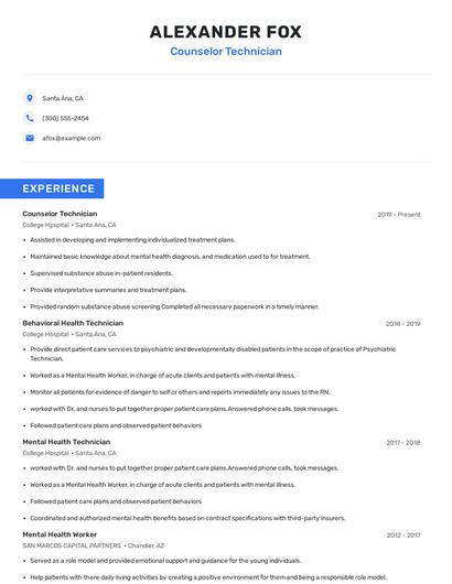 Counselor Technician Resume