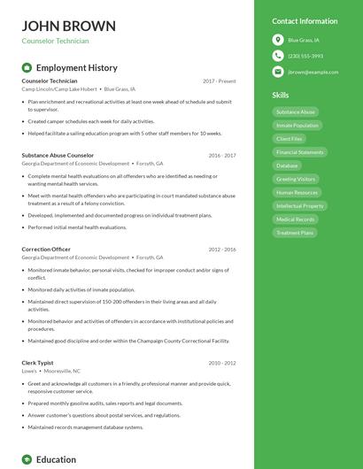 Counselor Technician Resume