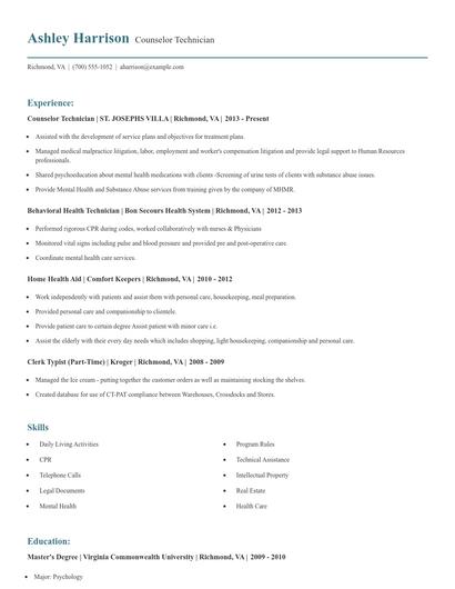 Counselor Technician Resume