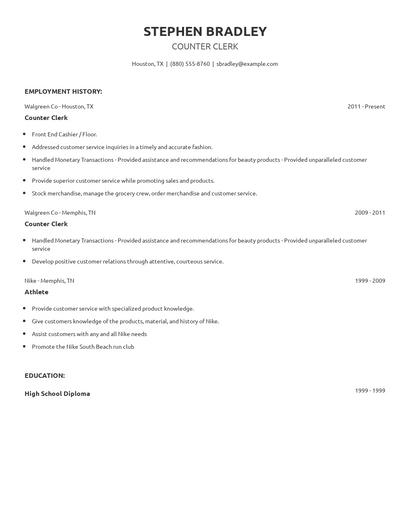 Counter Clerk Resume
