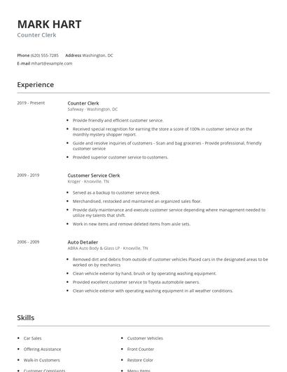 Counter Clerk Resume