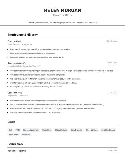 Counter Clerk Resume