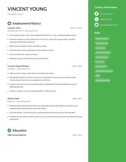 Counter Clerk Resume