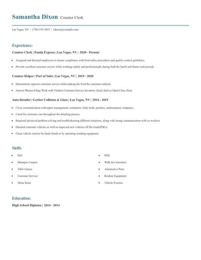 Counter Clerk Resume