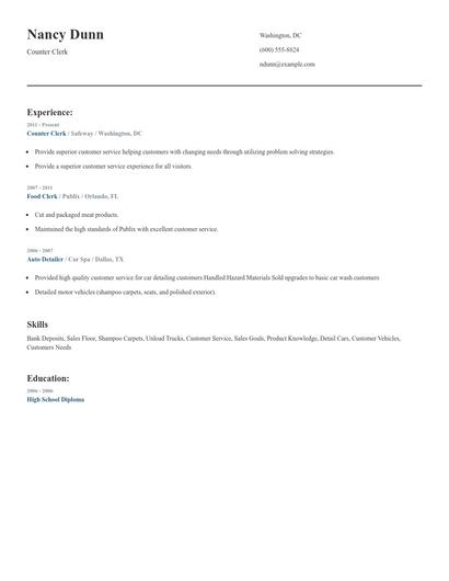 Counter Clerk Resume