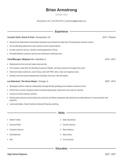 Counter Clerk Resume