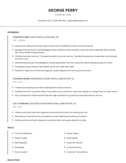 Counter Clerk Resume