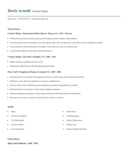 Counter Helper Resume