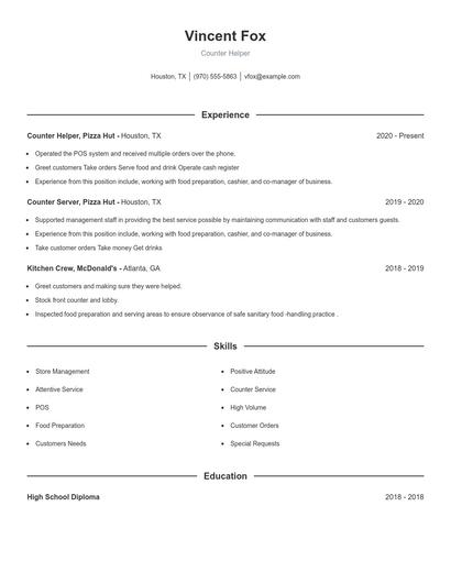Counter Helper Resume