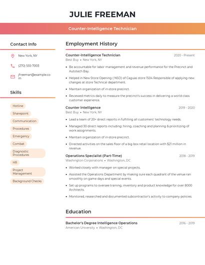 Counter-Intelligence Technician Resume