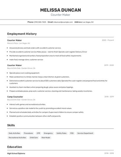 Counter Maker Resume