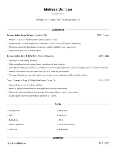 Counter Maker Resume