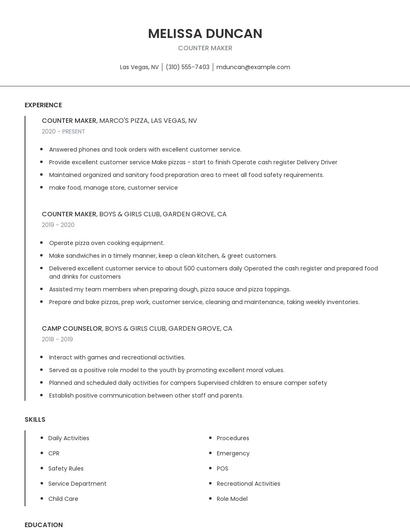 Counter Maker Resume