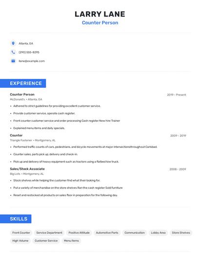 Counter Person Resume
