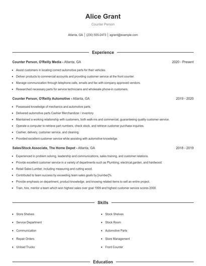 Counter Person Resume