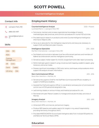 Counterintelligence Analyst Resume