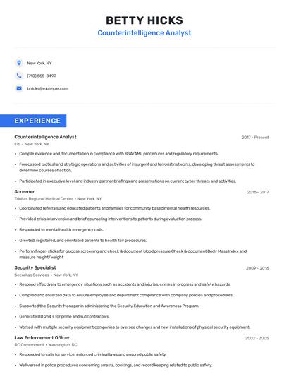 Counterintelligence Analyst Resume