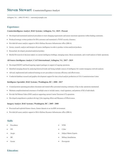 Counterintelligence Analyst Resume