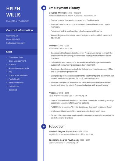 Couples Therapist Resume