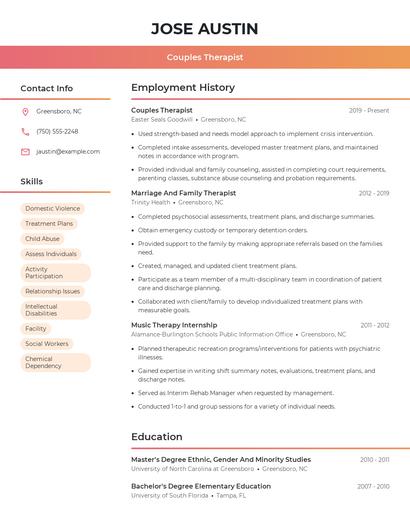 Couples Therapist Resume