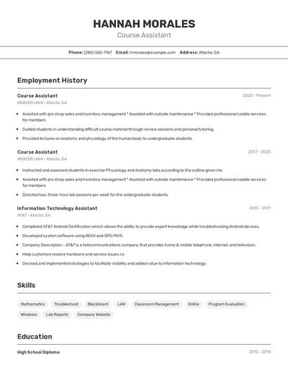 Course Assistant Resume