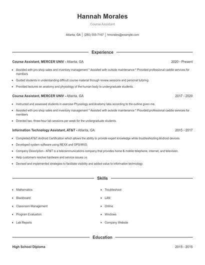 Course Assistant Resume