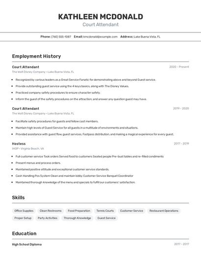 Court Attendant Resume
