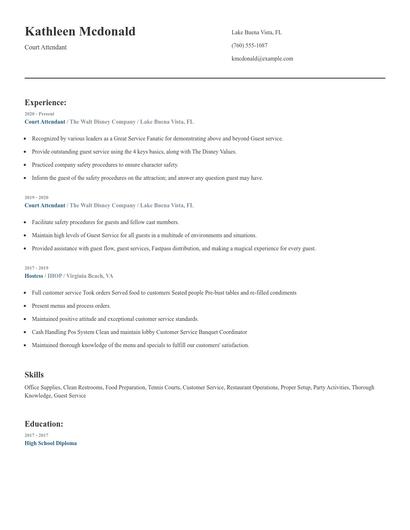 Court Attendant Resume