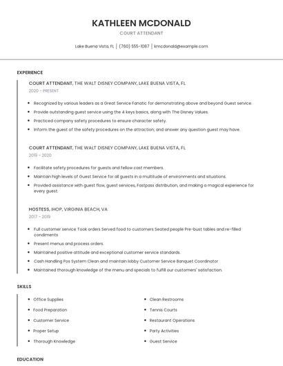 Court Attendant Resume