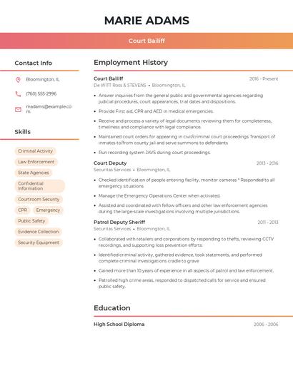 Court Bailiff Resume