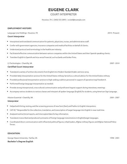 Court Interpreter Resume