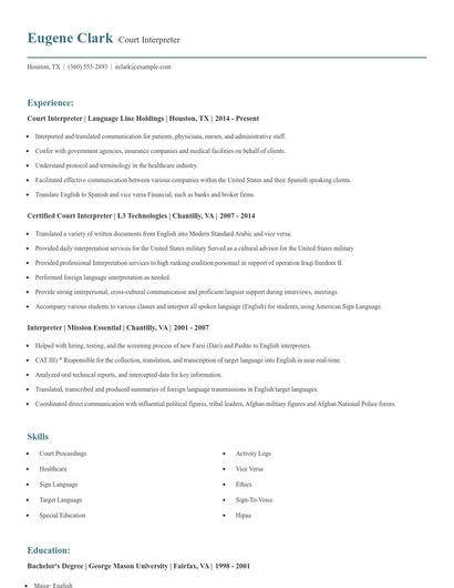 Court Interpreter Resume